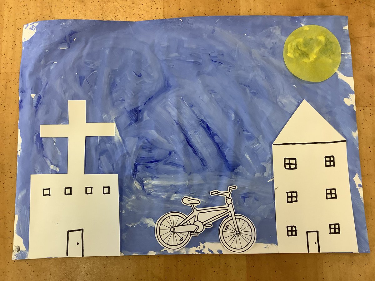 Inspired by the story of ‘Michael the Bird-Boy’ we created a ‘dirty’ sky and ‘clean’ sky by mixing black and white paint and then bright blue and white paint. We talked about how walking or cycling are better for our air than using cars to travel. 
@Sacred_heart_Li #greenLCR