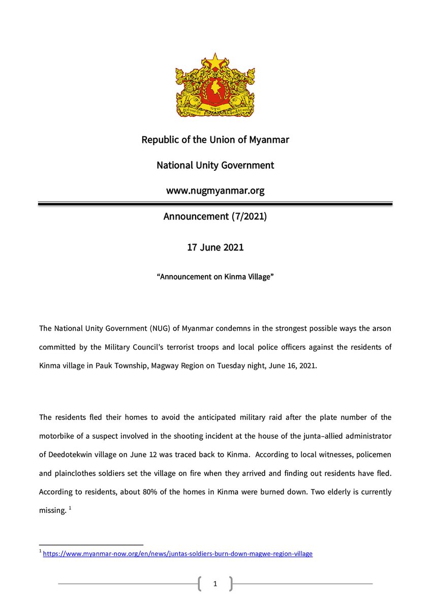 aung_myo_minn's tweet photo. The @NUGMyanmar condemns in the strongest possible ways the arson committed by the Military Council's terrorist troops and local police officers against the residents of Kinma village in Pauk Township, Magway Region on Tuesday night, June 16, 2021.

#WhatsHappeningInMyanmar https://t.co/8cOXcmXWdA