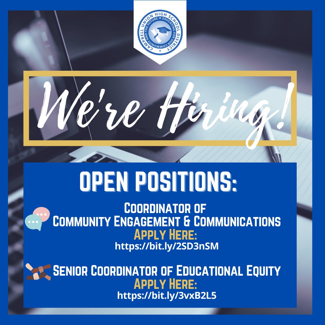 mycuhsd's tweet photo. We’re hiring! If you are a strong leader and communicator, consider applying for one of our open positions below!

Coordinator of Community Engagement and Communications: https://t.co/4UCAyrJnWZ

Senior Coordinator of Educational Equity: https://t.co/bYQH5YgA7x https://t.co/TKopfcVNOi