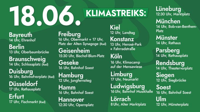 Liste der Klimastreiks am 18.06.:
Bayreuth, 14:00 Uhr, Ehrenhof
Berlin, 13:00 Uhr, Oberbaumbrücke Laufdemo
Braunschweig, 14:00 Uhr, Braunschweig (Fahrraddemo)
Duisburg, 16:00 Uhr, Bahnhofvorplatz (Fahrraddemo)
Düsseldorf, 17:00 Uhr, Rathausplatz
Erfurt, 17:30 Uhr, Fischmarkt (Fahrraddemo)
Freiberg, 16:00 Uhr, Obermarkt
Freiburg, 17:00 Uhr, Platz der Alten Synagoge (Fahrraddemo)
Geisenheim, 15:30 Uhr, Bischof-Blum-Platz Kundgebung
Geseke-soest, 16:00 Uhr, Bahnhof
Hamburg, 12:00 Uhr, Jungfernstieg
Hamm, 16:00 Uhr, Soest Bahnhof
Hannover, 12:30 Uhr, Opernplatz
Kiel, 12:00 Uhr, Landtag Mahnwache
Konstanz, 13:00 Uhr, Herosé-Park
Konstanz, 13:00 Uhr, Fahrradstraße Mehr Infos
Köln, 16:00 Uhr, Klimacamp auf der Mensawiese
Limburg, 17:00 Uhr, Neumarkt Mehr Infos
Ludwigsburg, 16:00 Uhr, Bahnhof Musikhalle (Laufdemo)
Lörrach, 8:00 Uhr, Alter Marktplatz Sitzstreik
Lüneburg, 12:30 Uhr, Marktplatz Laufdemo zum Klimacamp im Kurpark
Münster, 14:00 Uhr, Rathaus Mahnwache
...