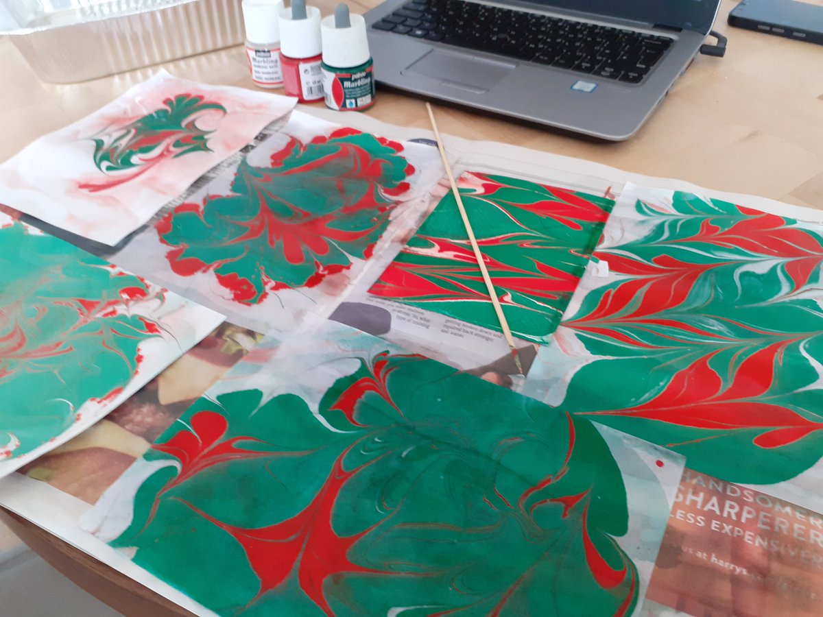 Not a bad way to spend a Thursday afternoon. Final session of the virtual creative activities group, trying out some paper marbling (some attempts better than others)