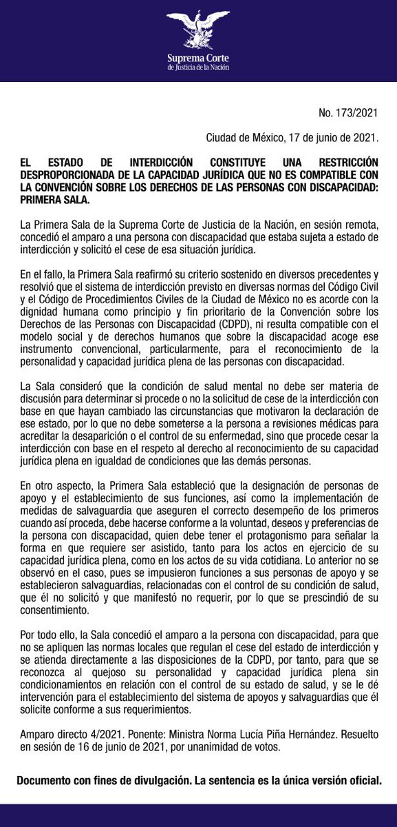 #ComunicadoSCJN
 
El estado de interdicción representa una restricción desproporcionada de la capacidad jurídica que no es compatible con la Convención sobre los Derechos de las Personas con Discapacidad: #PrimeraSala 

🔗 bit.ly/2TGkW4C