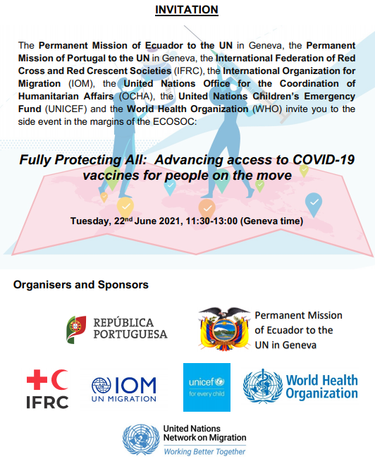 PTMissionGeneva's tweet photo. Only 5 days left for the #ECOSOCHAS21 side event on how to ensure the inclusion of #peopleonthemove in national vaccination plans #COVID19  @ONUGinebraEC @IFRC @UNmigration @UNICEF @WHO @UNMigNetwork @UNOCHA 
🕐22 June 11.30-13pm CET
➡️Registration: https://t.co/DAXfFkMk15 https://t.co/aXtxYqnKdJ