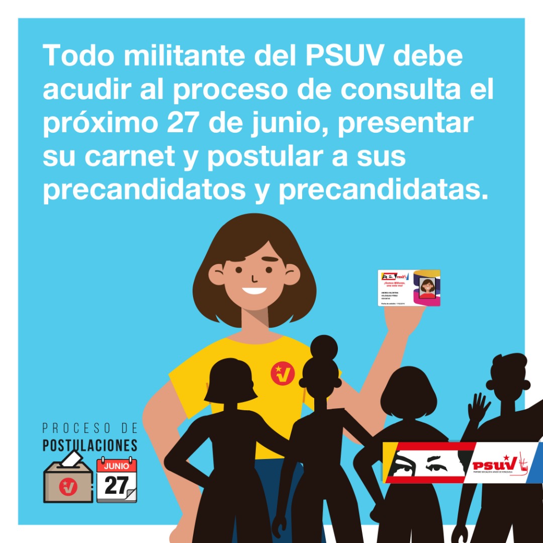 🛑🚩 PROCESO DE POSTULACIÓN DE CANDIDATAS Y CANDIDATOS DEL PSUV. 

🔴 Todo militante del PSUV debe acudir al proceso de consulta el próximo 27JUN, presentar su carnet y postular a sus candidatos y candidatas.