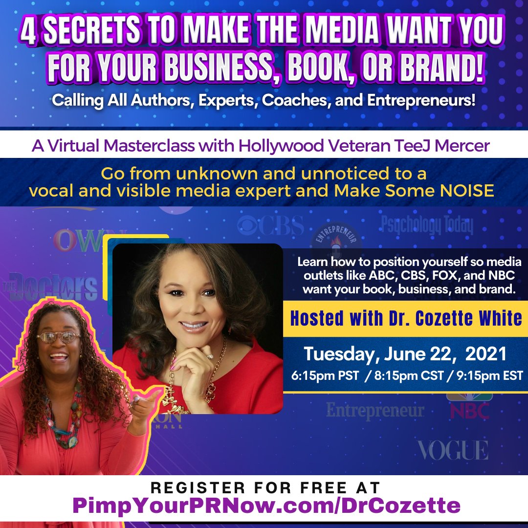 TeeJMercer's tweet photo. My Make The Media Want You webinar tour of greatness hasn’t come to an end, yet! Tuesday, I join the Financial Physician, Dr. Cozette White to co-host the next stop on my tour, another FREE virtual media masterclass! 

https://t.co/gafR7EUj6S https://t.co/1uXpafor7B