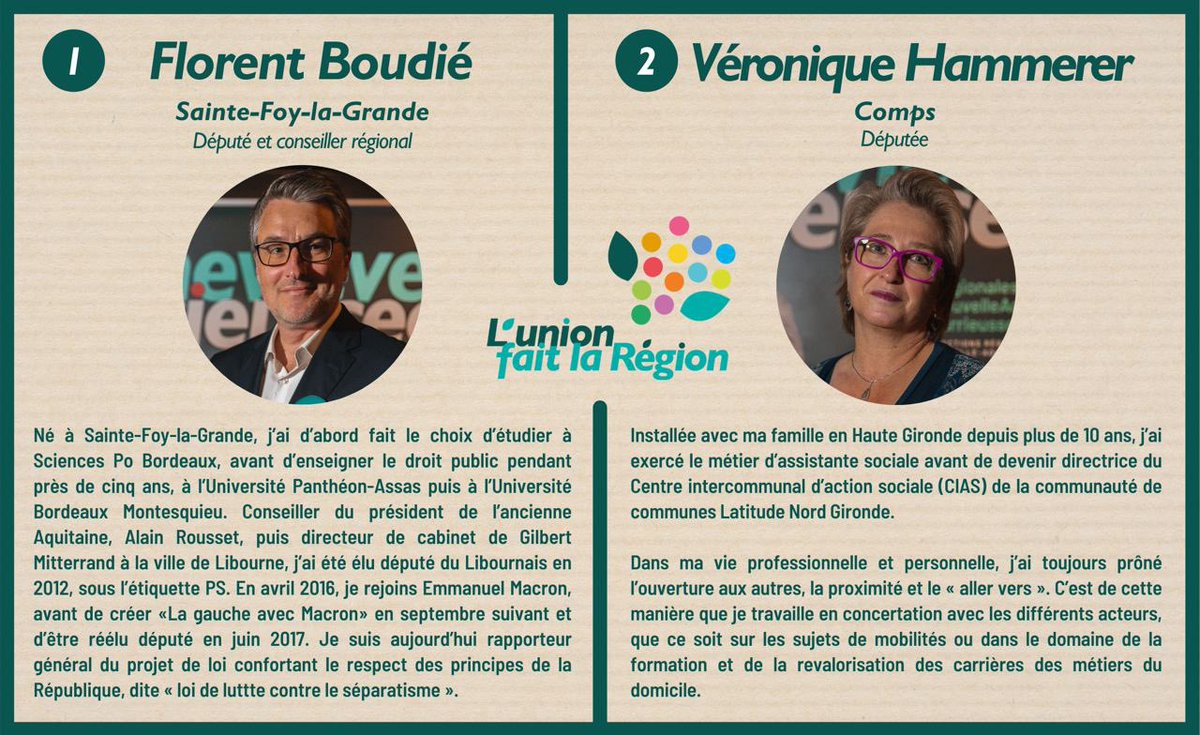 [🗳 #Régionales2021 J-3] Chaque jour, retrouvez 2 candidats de la #TeamDarrieussecq en #Gironde !
Les colistiers que nous vous présentons aujourd’hui mènent notre liste : retrouvez @florent_boudie, conseiller régional et député, et <a href="/V_Hammerer/">Véronique HAMMERER</a>, députée ⤵️ @gdarrieussecq21