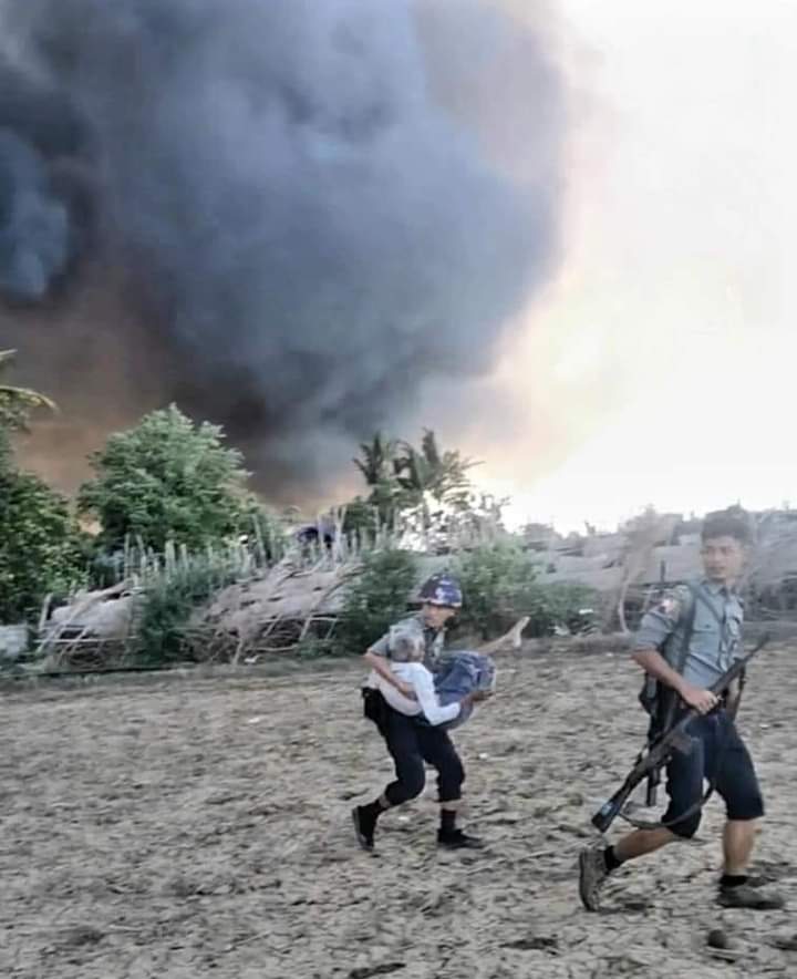 This photo showing members of security forces rescuing an elder from burning village is a testimony to the fact that security forces did not commit the crime of torching Kimma village, but PDF militants perpetrated it.