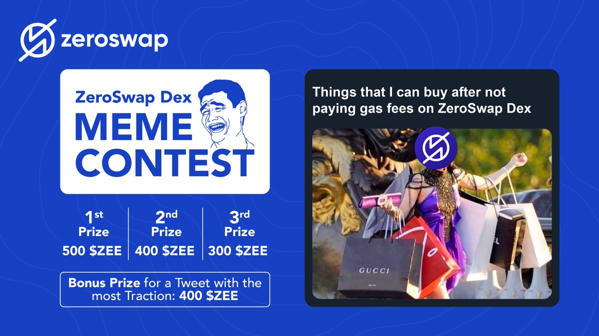 🔁 ZeroSwap Meme Contest

Our journey to Zeroswap DEX Mainnet is fast approaching, and we've decided to throw in a Meme contest for our lovely community! 🚀

🙌 Show us your creative skills, and in exchange, get rewarded with ZEE!

📝 Steps to Participate: bit.ly/3gCTH2U