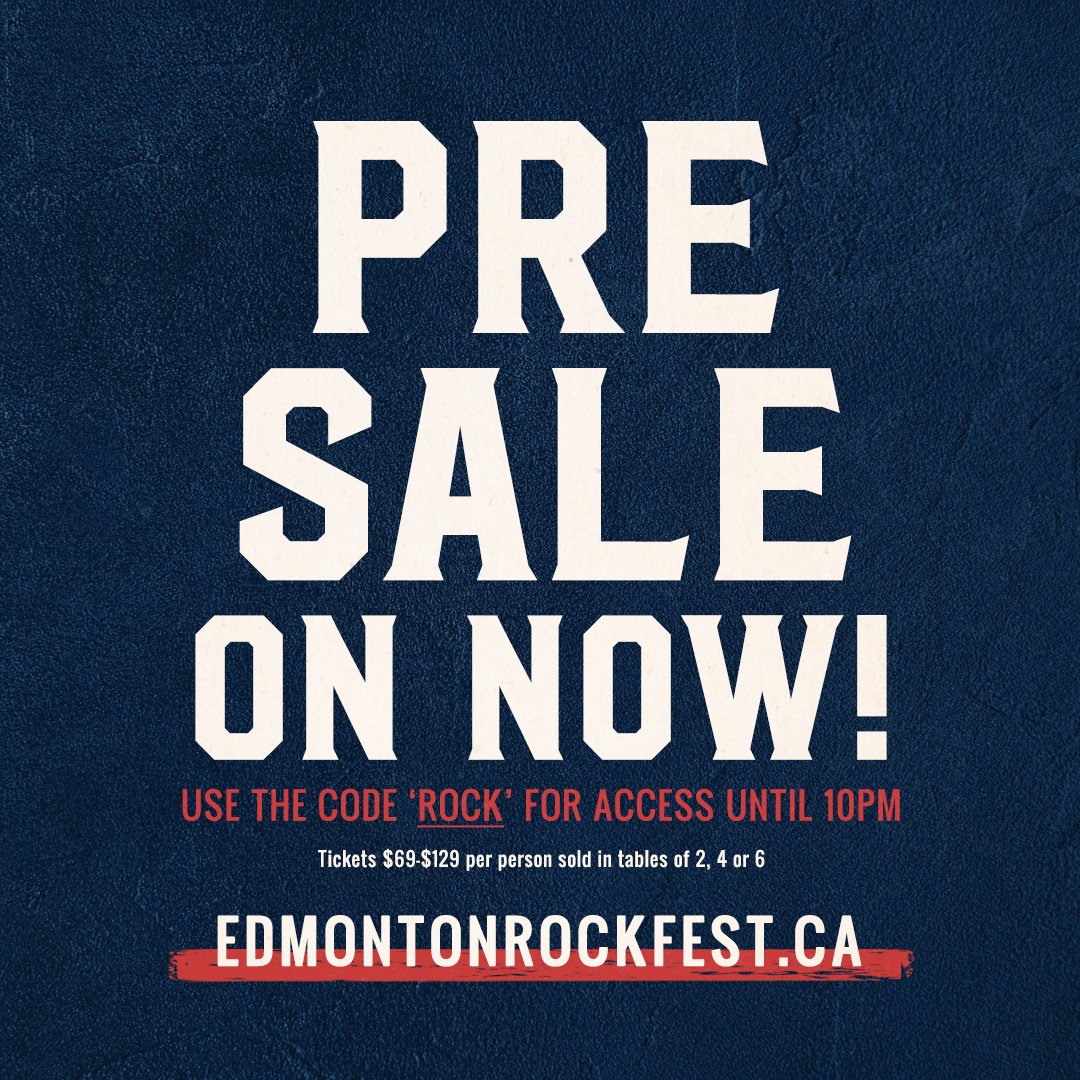 Pre sale for the Edmonton Rock Fest 10th Anniversary ft. @TomCochraneMUS, @glasstiger, Prism, @toquerocks, @chronicrockedm & more is ON NOW! Use the code ROCK for access until 10pm today to grab the best seats in the house. EdmontonRockFest.ca/tickets/ 🎸🎟🤘🏻 #yeg #yegmusic #yeglive