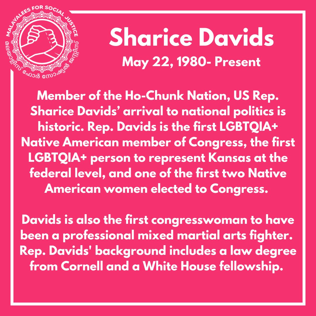 Malayalees4SJ's tweet photo. Member of the Ho-Chunk Nation, US Rep. Sharice Davids’ arrival to national politics has been one for the history books. 

#PrideMonth #PrideMonth2021 #LGBTQIA #Gender #Sexuality #MalayaleesForSocialJustice #MSJ #SocialJustice #NativeAmerican #2Spirited #Liberation #Equality https://t.co/yPbkG6Ixkc