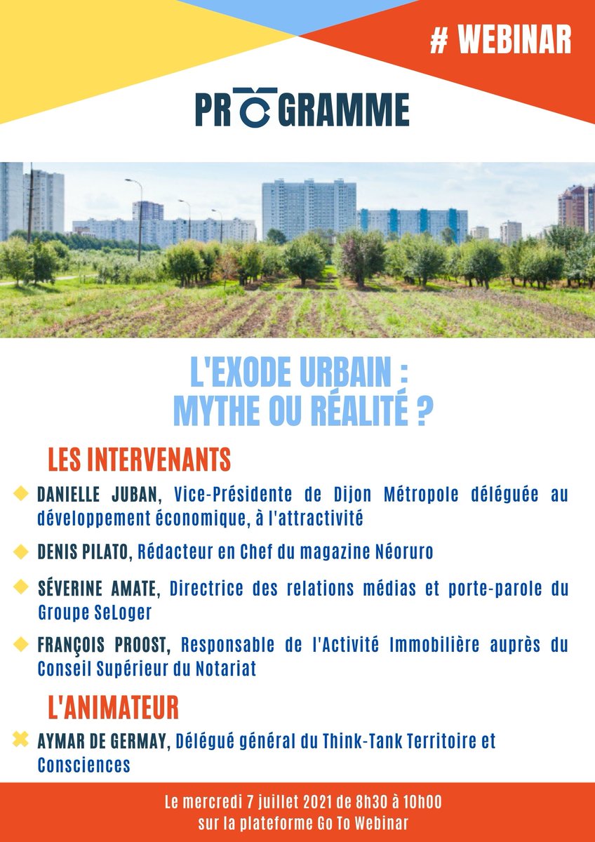 Territoire et Consciences est ravi de vous présenter les intervenants de son prochain webinar sur "L'exode urbain : mythe ou réalité ?", le 7 juillet prochain de 8h30 à 10h00. 

Pour vous inscrire, c'est ici : register.gotowebinar.com/register/29966…