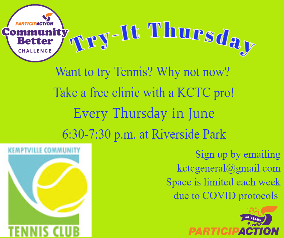 North_Grenville's tweet photo. Don't forget ☝️ The Kemptville Tennis Club is offering a FREE Clinic every Thursday in June. Send an email to sign up. What a fun way to track your @ParticipACTION minutes! #GetActiveNG 🎾 https://t.co/lae8mv2B8n