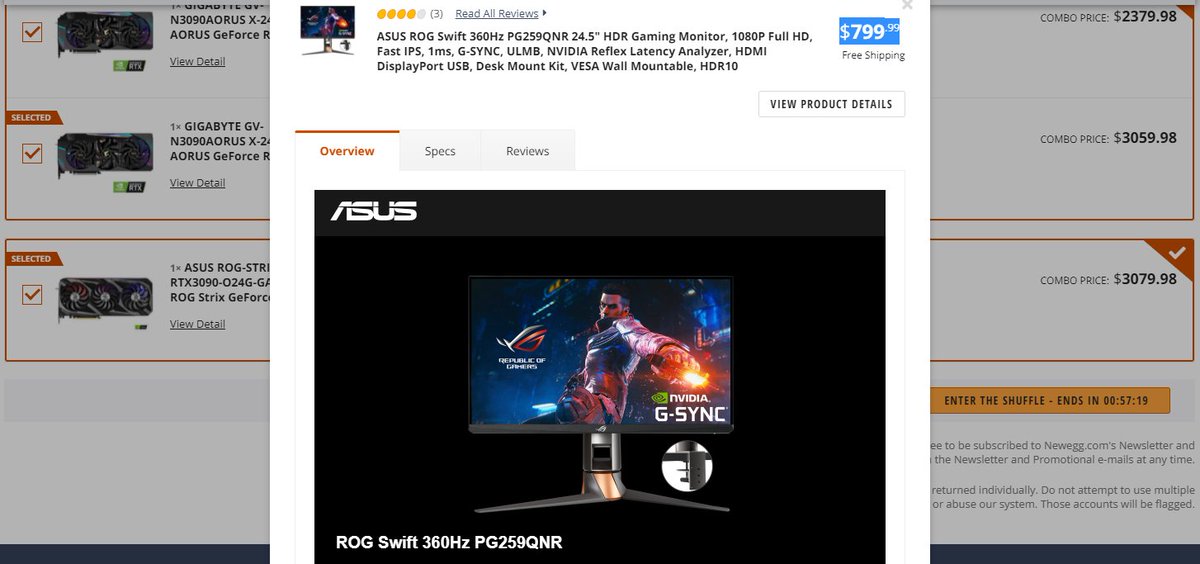 LeviBarc's tweet photo. #NeweggShuffle This is where I draw the line. I would pay a couple hundred on the markup and maybe a couple more for some monitor I dont need but $800 for a monitor being forced down my throat just cause I want to pay for an already overpriced 3090. Fucking despicable companies! https://t.co/JsTQxRsCXc