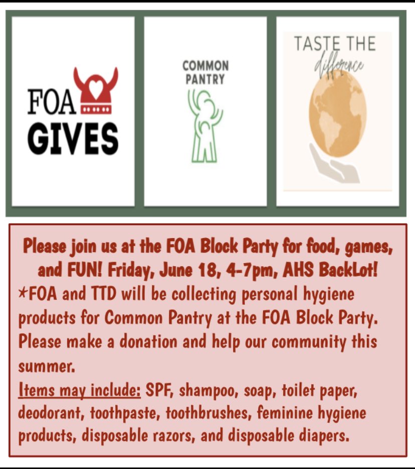 FOA Block Party tomorrow <a href="/Amundsen_HS/">Amundsen High School</a> tomorrow, 4-7pm. Fun, food, and games! Please make a donation of personal hygiene items for <a href="/CommonPantry/">Common Pantry</a> at the #blockparty #amundsen #ravenswood