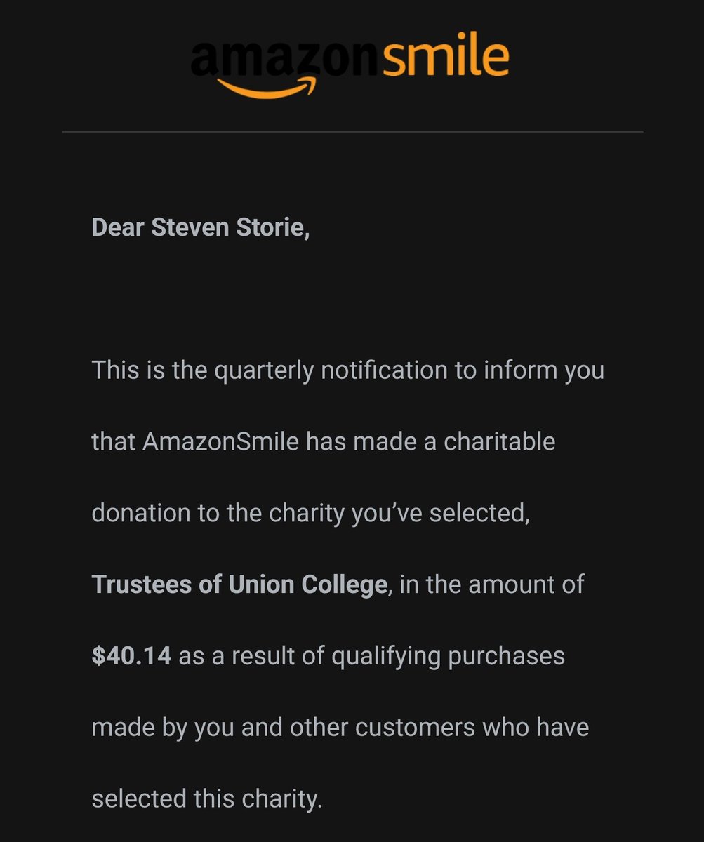sstangle73's tweet photo. Today "I made" a $40 donation to @UnionCollege  just by shopping on @amazon ! If you haven't set up Amazon Smile, you should! https://t.co/yPBpXGQwzw