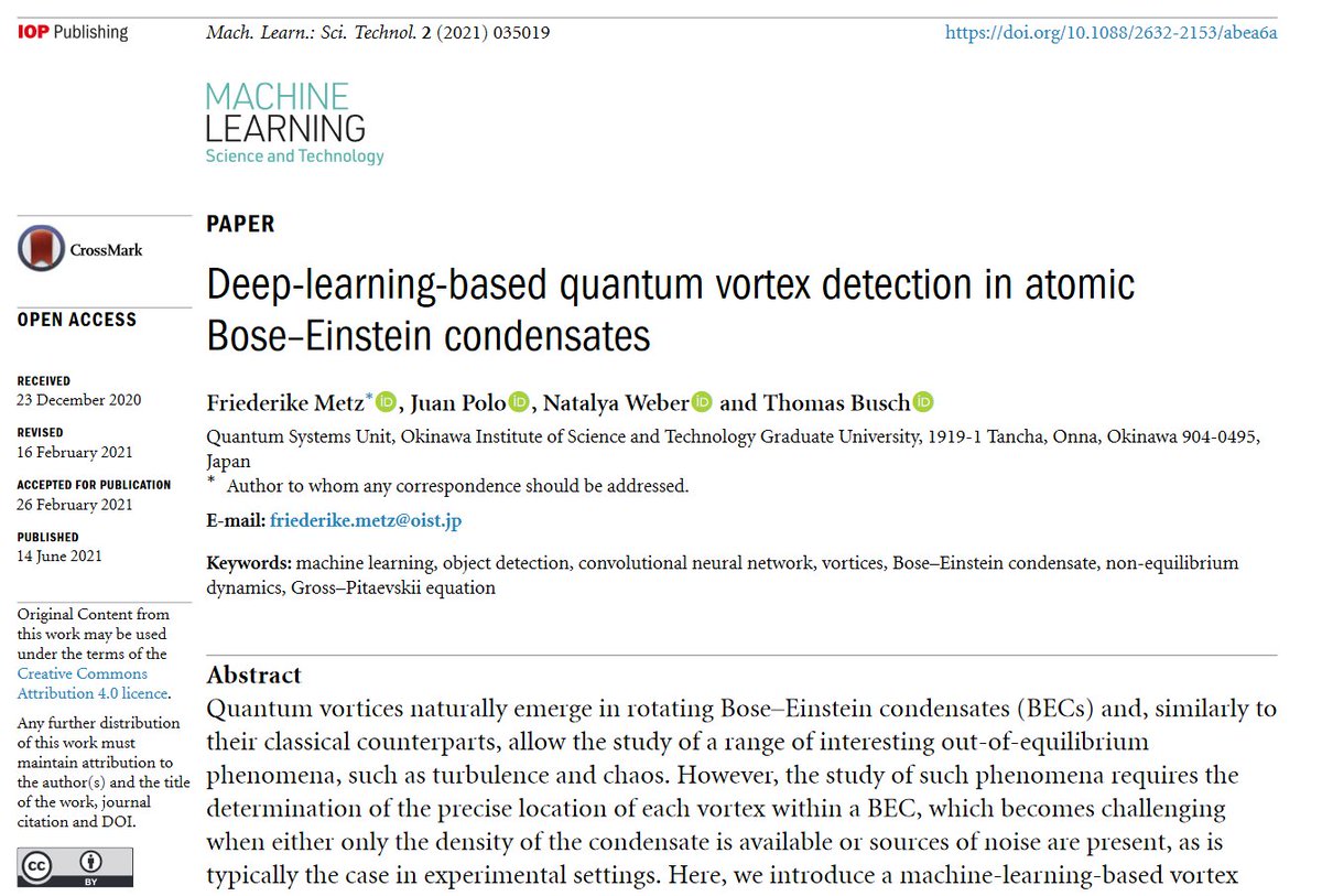 MLSTjournal's tweet photo. Great new work by @frmetz @thomasbusch Juan Polo and Natalya Weber @OISTedu @OISTja - '#Deeplearning-based #quantum vortex detection in atomic Bose–Einstein condensates' - https://t.co/Kl6oZjXy0y #BEC #coldatoms #machinelearning #NeuralNetworks #superfluids https://t.co/61CClbRYtl