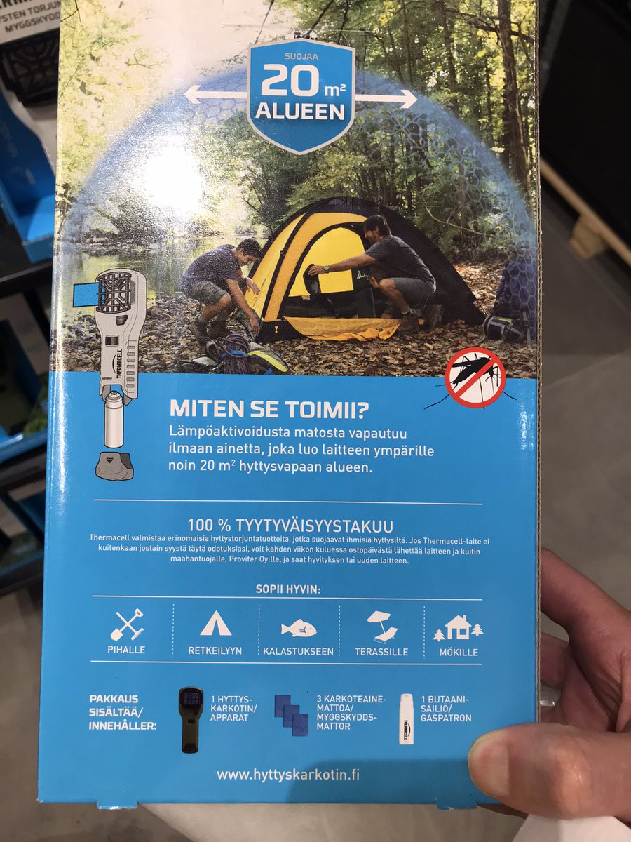 Eikö näiden käyttö ole kielletty pihapiirin ulkopuolella <a href="/Tukesinfo/">Turvallisuus- ja kemikaalivirasto (Tukes)</a> ? Pakkauksissa harhaanjohtavaa mainontaa, joka ohjaa kuluttajia harhaan. Takaisinvedon paikka? #thermacell