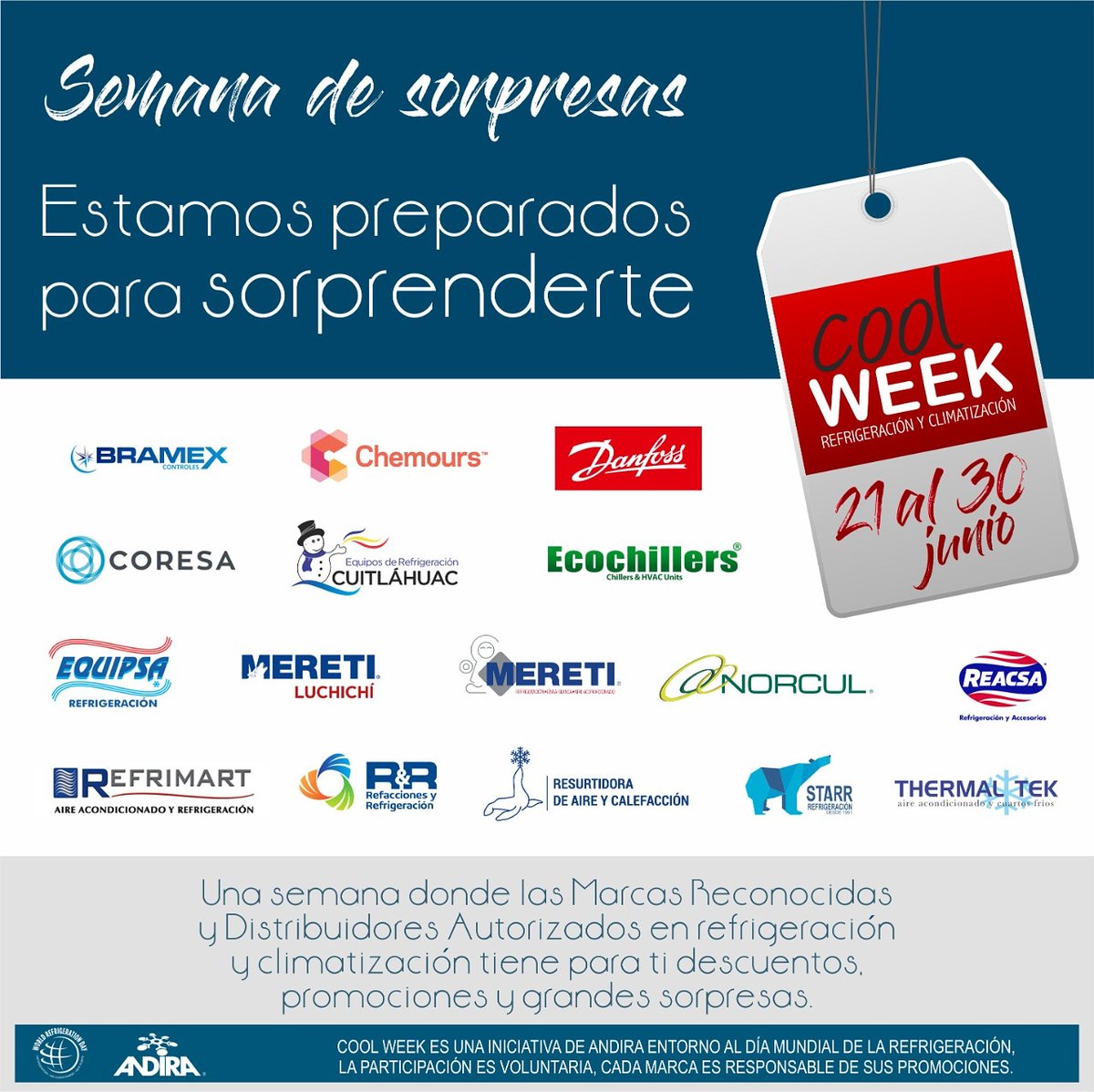 AndiraMx's tweet photo. Del 21 al 30 de junio encuentra muchas sorpresas con Distribuidores Autorizados y Marcas Reconocidas.
#WRD2021 #CoolWeek #HVAC #MÉXICO https://t.co/P2Q5FW8JPx