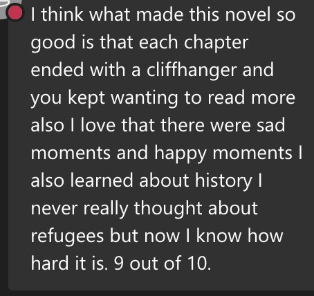 DejongeSusan's tweet photo. Ss in Class 6S Success finish reading Refugee by @AlanGratz today! We took five minutes to respond in the chat and digest the heartbreaking journeys of Josef, Isabel and Mahmoud. I honestly needed the time to wipe away the tears...  #humanity #weareallconnected https://t.co/tJ5HInxrAQ