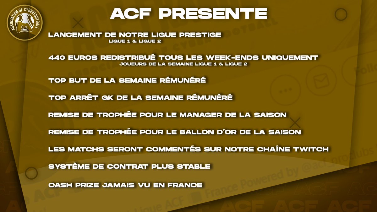 Un vent de nouveautés sur ACF pour la prochaine saison 🔥🔥🔥

Les meilleurs joueurs ACF seront plus que récompensé 🥶🥶🥶

Les structures et clubs demandent des gros Cash réels 💰

⚠️ACF vous présente une petite partie des nouveautés pour la saison 3⚠️
#FIFA21 #clubpro