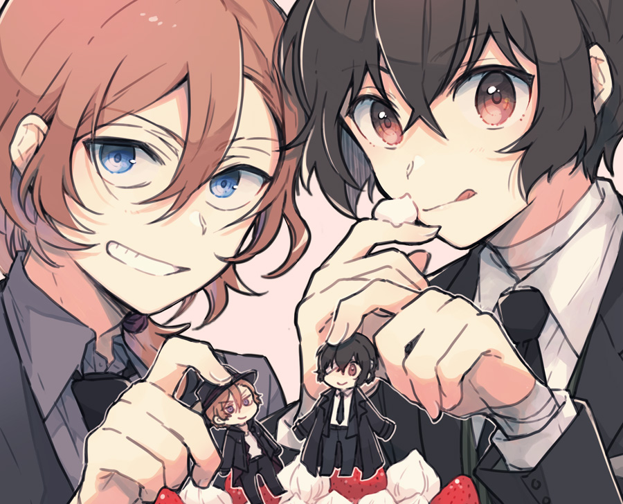 multiple boys food male focus tongue out blue eyes tongue strawberry  illustration images