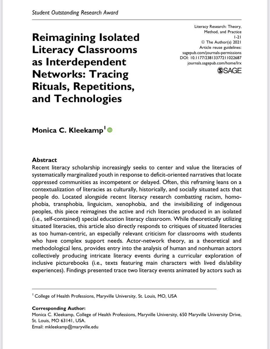 Excited to see this piece in its published form in Volume 70 of <a href="/LRA_LRTMP/">Literacy Research: Theory, Method, and Practice</a>. Available for download here: journals.sagepub.com/eprint/S6PC85D… or DM me for a copy. 🤓#disabiltystudiesineducation #interdependentliteracies #lrtmp