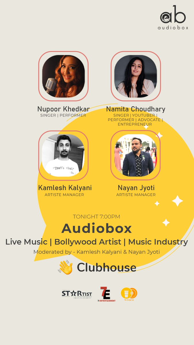 Tune in to Audiobox at 7PM IST on 17th June @Clubhouse app for an evening of Music

Live in conversation with #NupoorKhedkar and #NamitaChoudhary

Moderated by @MaestroKamlesh and #NayanJBarman 

In association with @STARtistMgmt and @7EArtist

Powered by @theorangecup_
 #music