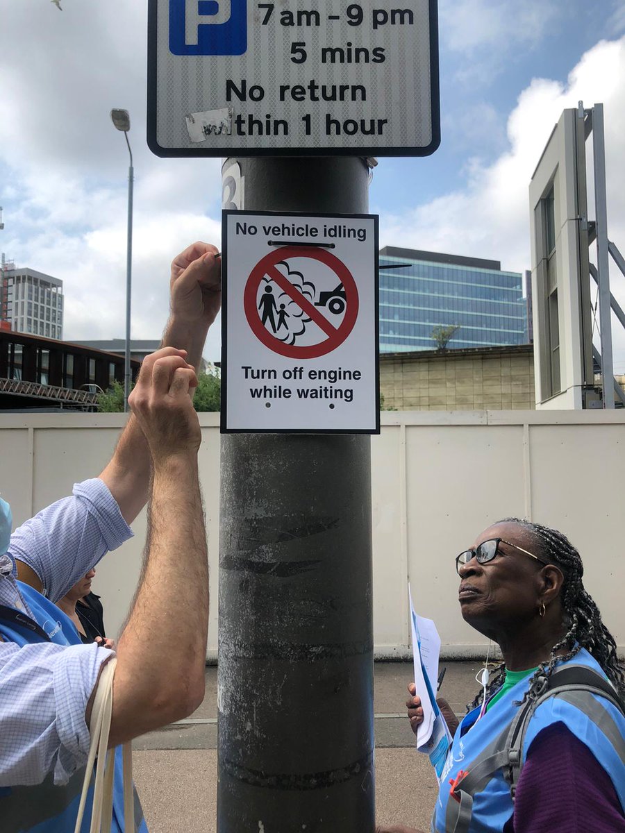 idlingaction's tweet photo. Our partners at @NewhamLondon were busy taking action for #CleanAirDay by raising awareness about the harmful impact of leaving the engine on whilst parked.  They were out at 5 different locations including @NewhamHospital and Stratford. Brilliant work! #EnginesOff https://t.co/JkZvevRFpr
