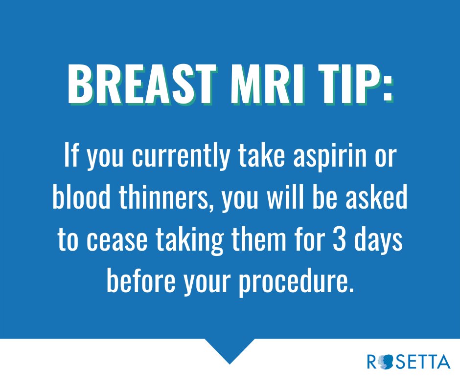Before getting an #MRI-guided #breastbiopsy, you will need to stop taking any aspirin or blood thinners for 3 days prior to your exam! 🚫 💊