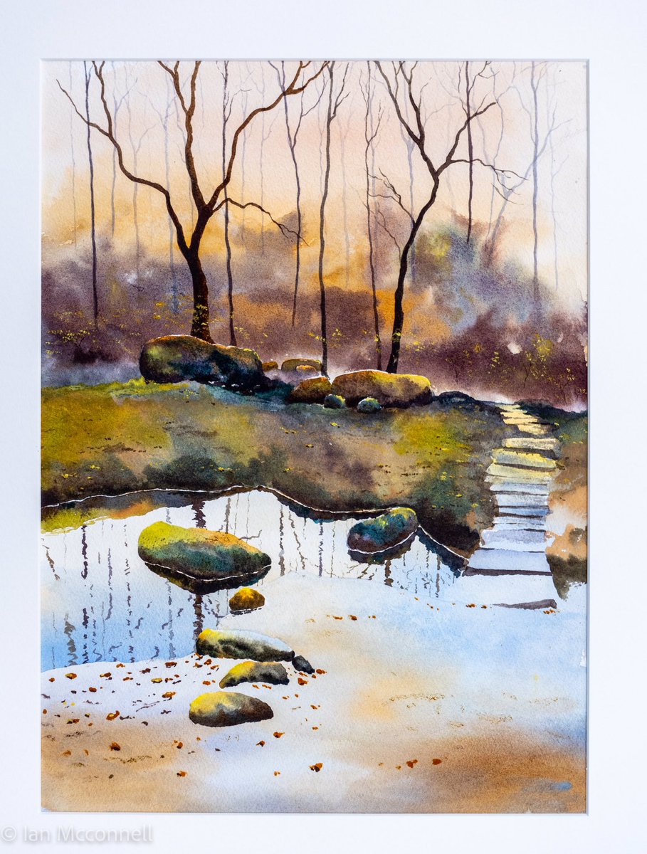 Just finished this watercolour today, from an excellent tutorial by Geoff Kersey. #watercolourlandscapes Autumn scene of a pond in Froggart Woods, Derbyshire. I found this quite complex but loved working through it, the man who taught me how to paint sky’s !!