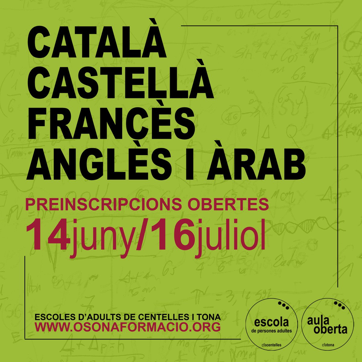EPACentelles's tweet photo. 🚨🚨PREINSCRIPCIONS CURS 2️⃣0️⃣2️⃣1️⃣-2️⃣0️⃣2️⃣2️⃣ 🚨🚨

✏️✏️DEL 14 DE JUNY AL 16 DE JULIOL ✏️✏️

Pots fer la preinscripció en línia a:
https://t.co/WVDnqCek0c o bé presencialment a:

🏠 EPA Centelles
C/ Jesús 25 • Centelles
📞93 881 38 80 •  📩 epacentelles@osonaformacio.org

#fadults https://t.co/C9OYtHKq2h