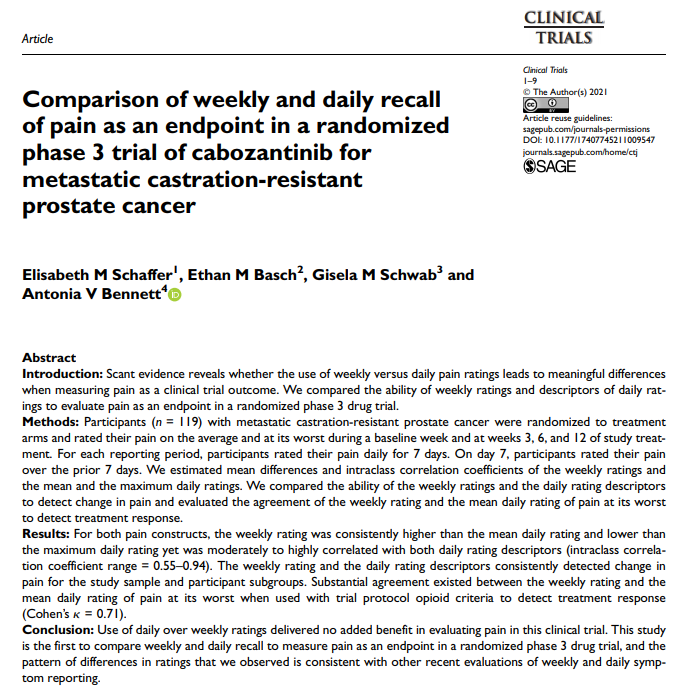 Colin Begg (@colinbbegg) on Twitter photo In clinical trials of cancer pain, is it really necessary for patients to record their pain daily? Not so say Elizabeth Schaeffer and colleagues. <a href="/bennettphd/">Antonia V. Bennett, PhD</a>
<a href="/EthanBasch1/">Ethan Basch</a> #QOL <a href="/eBeth_Schaffer/">Elisabeth Schaffer, Ph.D.</a> <a href="/corp_unc/">Outcomes@Lineberger</a> <a href="/SCTorg/">SCTorg</a> #FDA In clinical trials of cancer pain, is it really necessary for patients to record their pain daily? Not so say Elizabeth Schaeffer and colleagues. <a href="/bennettphd/">Antonia V. Bennett, PhD</a>
<a href="/EthanBasch1/">Ethan Basch</a> #QOL <a href="/eBeth_Schaffer/">Elisabeth Schaffer, Ph.D.</a> <a href="/corp_unc/">Outcomes@Lineberger</a> <a href="/SCTorg/">SCTorg</a> #FDA