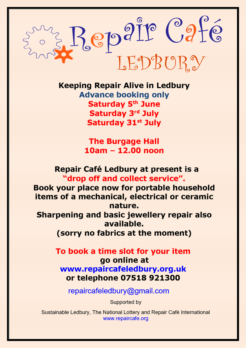 LedburyRc's tweet photo. Next Repair Cafe Saturday 3rd July 2021

Booking essential! https://t.co/c01JVqCkv1
