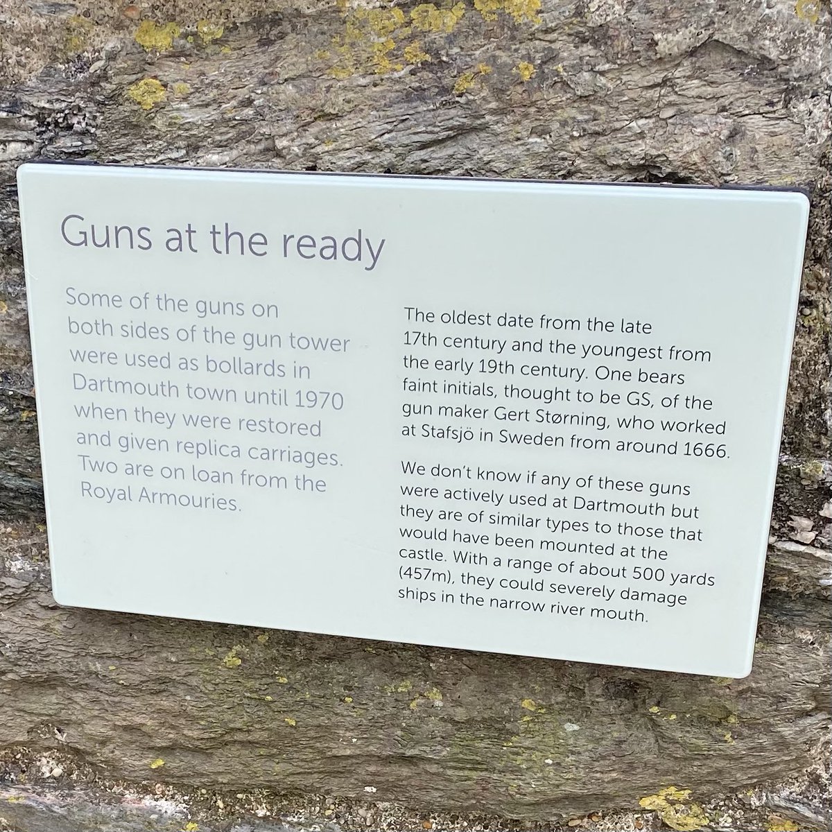 Sign at Dartmouth Castle saying these cannons “were used as bollards in Dartmouth town until 1970 when they were restored”