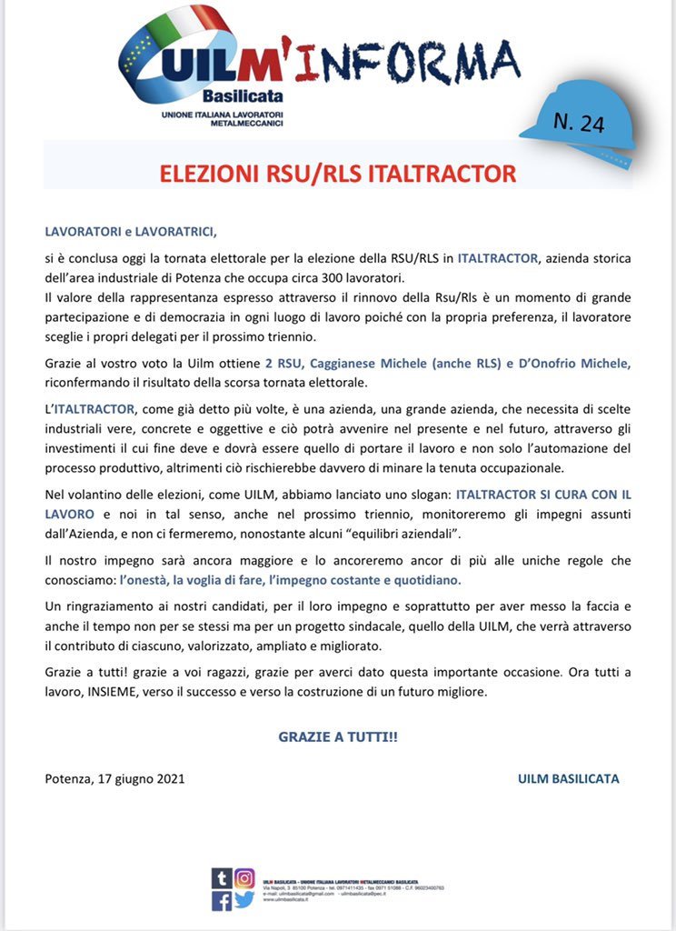 UilmBasilicata's tweet photo. #UilmInforma2021
ELEZIONI RSU/RLS #ITALTRACTOR https://t.co/3qu7U6AUzj