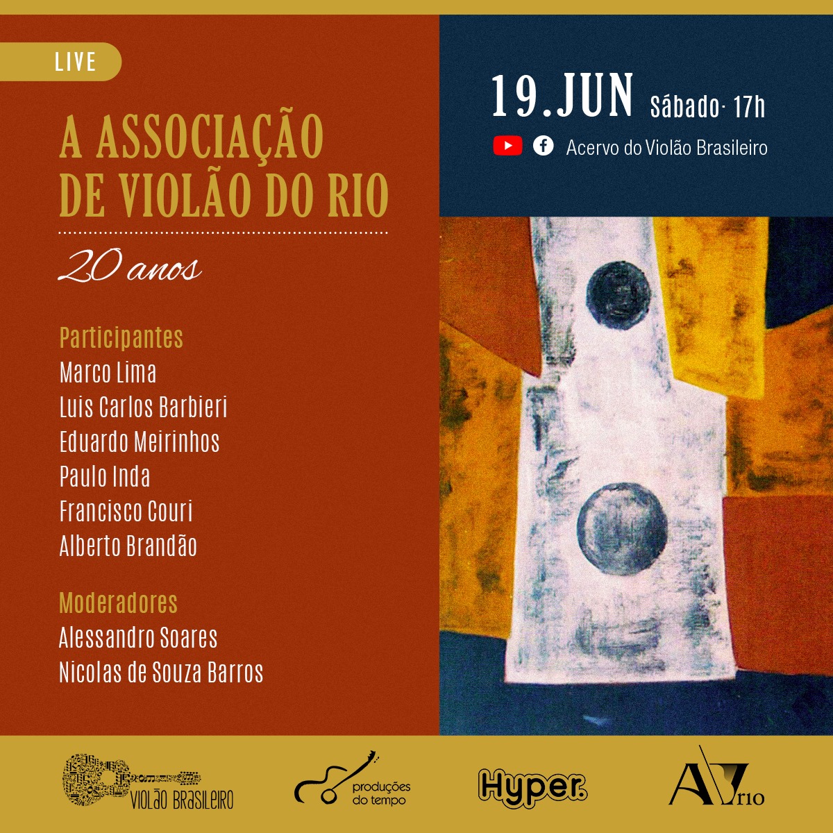 Neste sábado (19/06), às 17h teremos um belo panorama sobre os 20 anos da Associação de Violão do Rio (AV Rio) e também as novidades do II Concurso Nacional Virtual de Violão da AV-Rio. A transmissão será ao vivo no Youtube e Facebook do Acervo. Até lá!