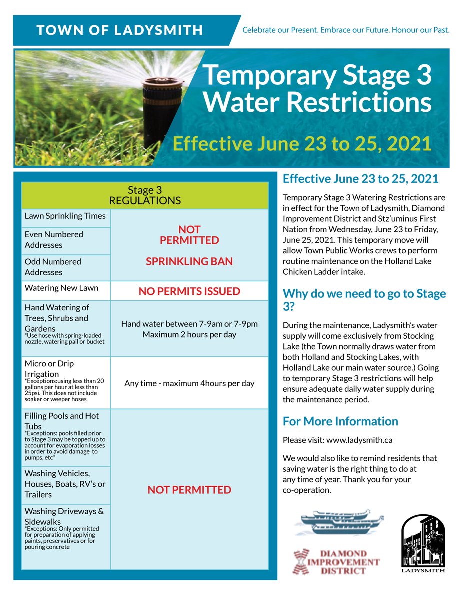 Temporary Stage 3 Water Restrictions will be in effect for the Town of Ladysmith, Diamond Improvement District and Stz'uminus First Nation from Wednesday, June 23 to Friday, June 25, 2021. 

For more information, please visit: ladysmith.ca/our-services/w…