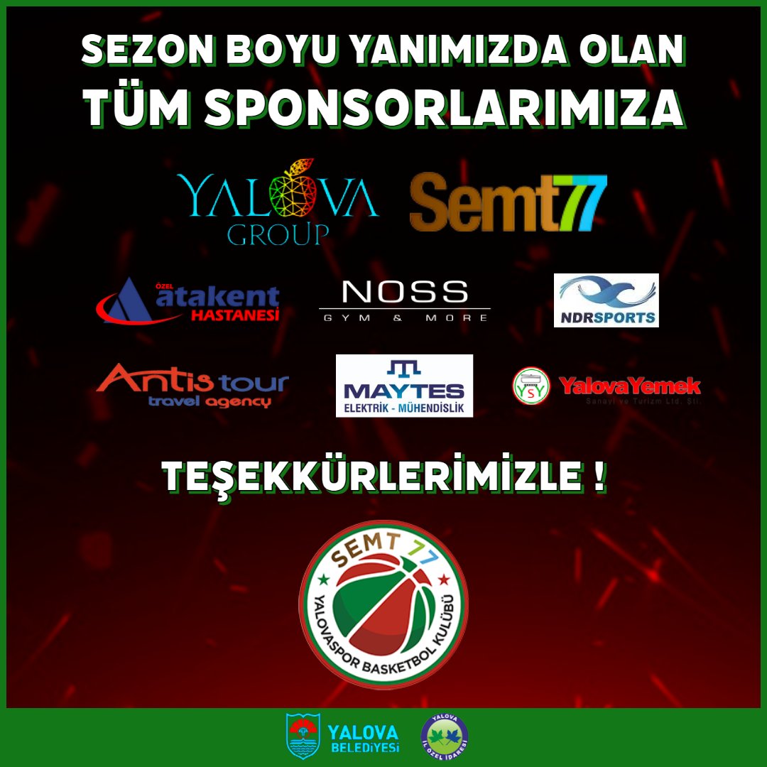 YalovaBasket's tweet photo. 🙌 Sezon boyu yanımızda olan tüm sponsorlarımıza teşekkürlerimizle !

#Semt77Yalovaspor 💚❤️ https://t.co/bh56daj5kX