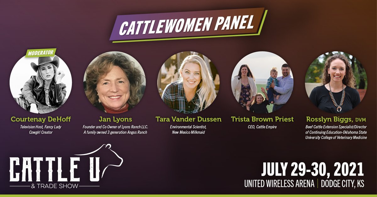 New to this year's program is the #Cattlewomen Panel! They will discuss a bit about their roles and how they got to where they are. To register, visit cattleu.net. <a href="/CourtenayDeHoff/">Courtenay DeHoff</a> <a href="/BiggsRosslyn/">Rosslyn Biggs</a> <a href="/CattleEmpire/">Cattle Empire</a> <a href="/OKStateVetMed/">OKStateVetMed</a> @NMMilkMaid