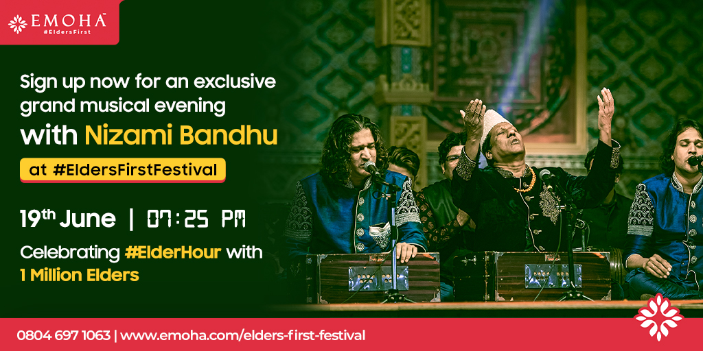 Registrations closing soon! Watch Nizami Bandhu group live on 19th June at 7:25 PM at India's 1st ever #EldersFirstFestival. 

Tune in to the most interesting #ElderHour.

Sign up for free via bit.ly/3xhvHck or call us at 08046971063.

#EldersFirst #ElderCare #SeniorCare