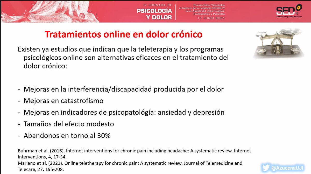 Sedolor's tweet photo. Funciona?? La evidencia es comparable entre la intervención psicológica online o presencial en #PsicologiayDolorGTSED21 via @AzucenaUJI 
🧠 efecto óptimo catastrofismo ansiedad y depresión
🧠 efecto modesto en #dolor https://t.co/w6tcpw3PBv