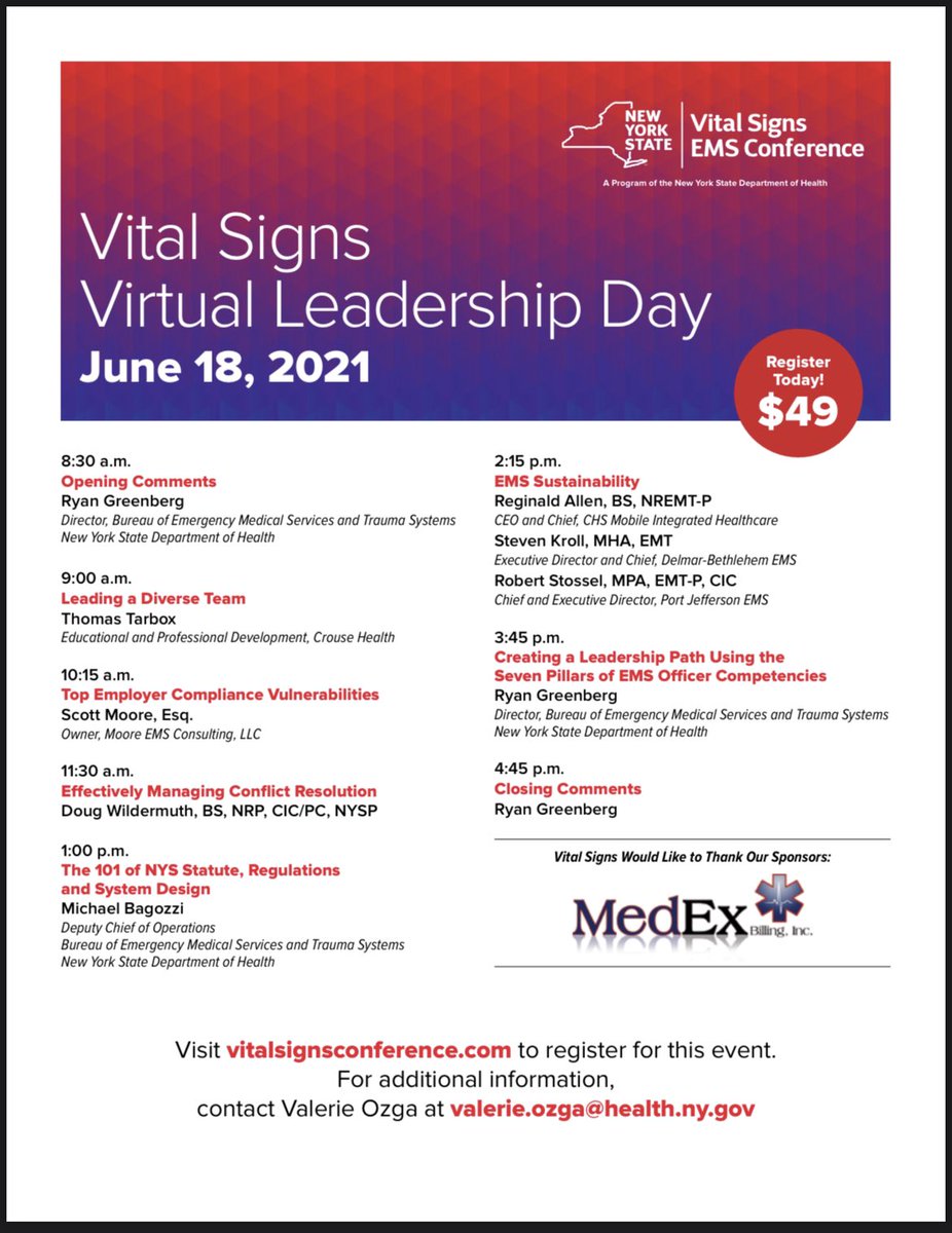 DelmarBethEMS's tweet photo. Check it out!! Chief @kroll_steven will be co-presenting tomorrow for @HealthNYGov Vitals Signs Virtual Leadership Day on #ems sustainability. Sign up today! https://t.co/VhsC0iWk0a