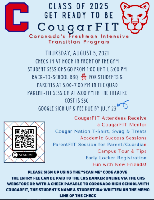 MillerBobcats's tweet photo. If you are an incoming 9th grade at @1001Coronado, then mark your calendars for August 5! Registration for the CougarFIT is open.  Use the QR code below or fill out the form at https://t.co/WbyRn46UGo https://t.co/adkVR6Gqn7