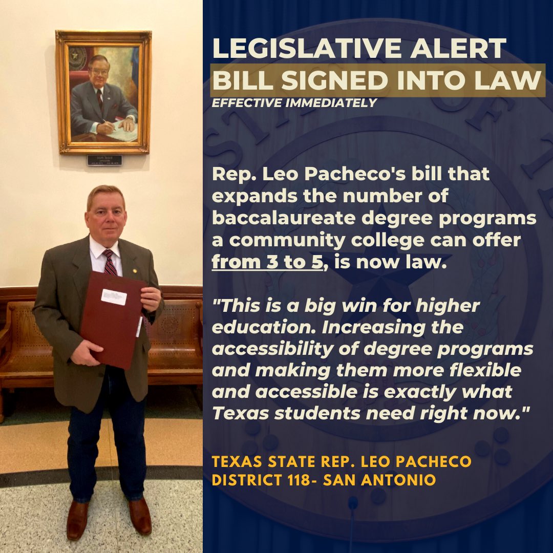 PachecoForTexas's tweet photo. This is a big win for higher education. Increasing the accessibility and flexibility of degree programs is exactly what Texas students need right now. I’m grateful for all the support that helped strengthen community colleges at a time when the state needs them the most. #txlege https://t.co/AaHnApmdxP