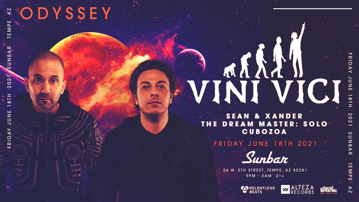 Tomorrow world-renowned artist Vini Vici takes over Sunbar! We are excited to announce that @SeanandXander @DreamMasterSolo & Cubozoa will be on opening duties! Get ready for a stellar night of music! Tix: rb.ht/ViniVici21