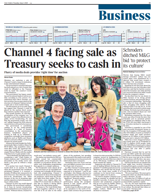 ICYMI ....<a href="/SimonDukeTimes/">Simon Duke</a> report earlier this month on government  plans to privatise Channel 4 ...

thetimes.co.uk/article/channe…