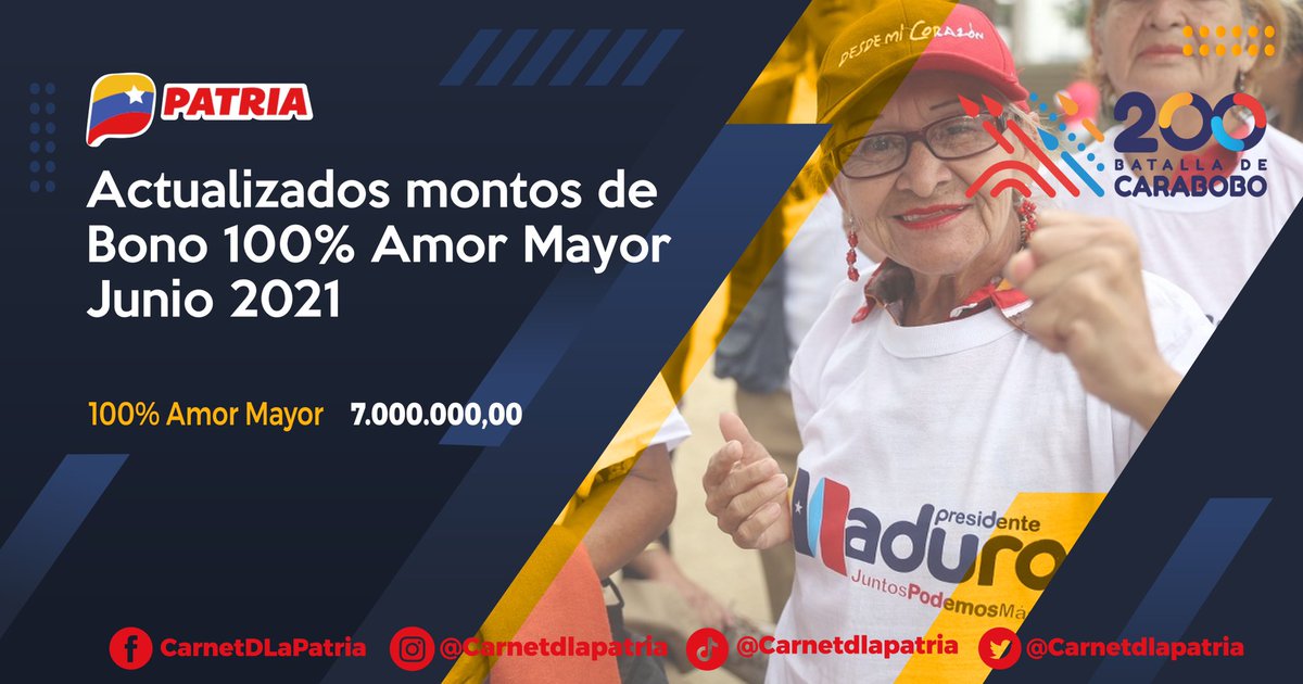 CarnetDLaPatria's tweet photo. #ATENCIÓN Señor, señora: para su comodidad aquí le informamos el nuevo monto del Bono 100% Amor Mayor. Junio 2021.

Desde el #CarnetdelaPatria y el #SistemaPatria trabajamos para usted.

¡Entérate AQUÍ! >>> https://t.co/o5PBJSrYHw

#PuebloDefensorDeLaPatria #17Jun https://t.co/acFnWbxRkk