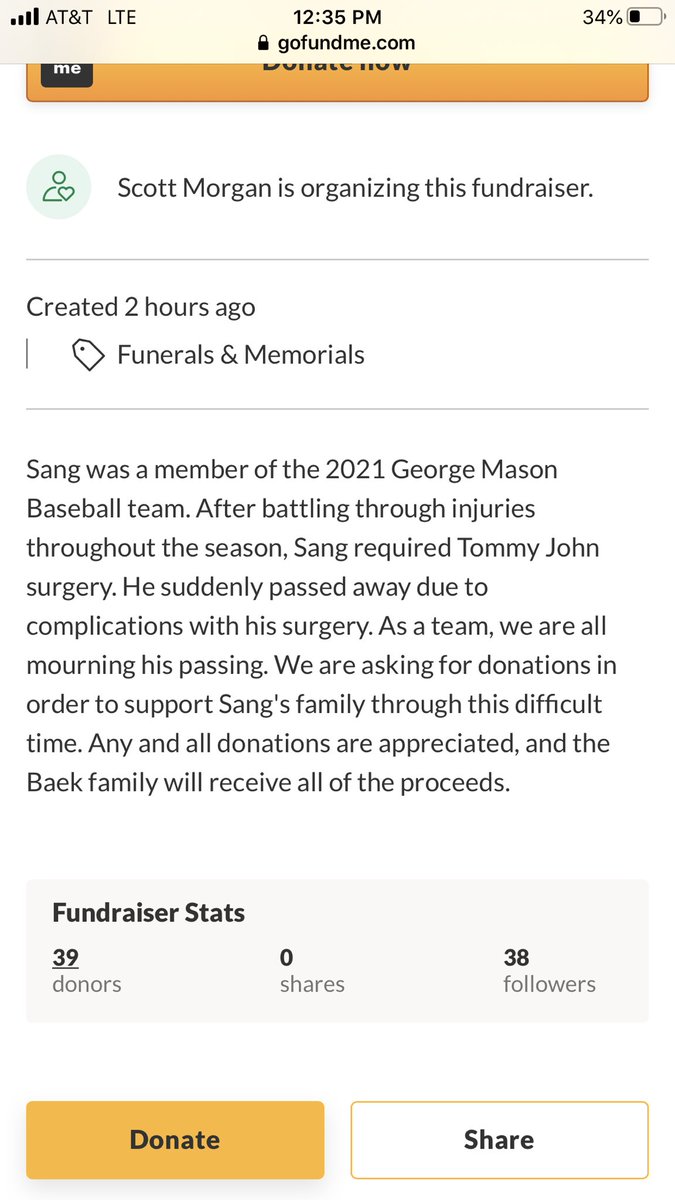 11point7's tweet photo. Dear college baseball family,

We lost a brother on Saturday. 

Sang Ho Baek, 20, baseball player at @MasonBaseball, lost his life from a blood clot after receiving Tommy John surgery. Truly heartbreaking... RIP 💚

GoFundMe link to support his family 👇🏻
https://t.co/Stn7ITJfbT https://t.co/0tt5hv8BYz
