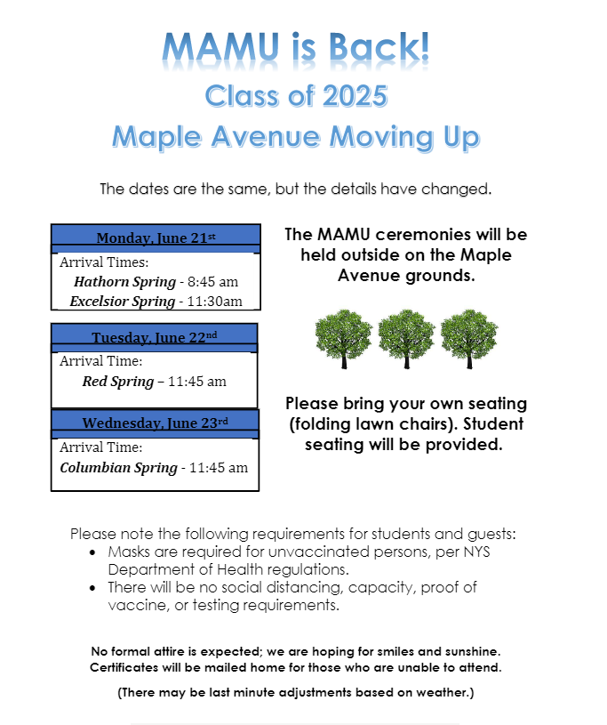 MAMU is back! Administration emailed parents about the following changes to the MAMU ceremonies: