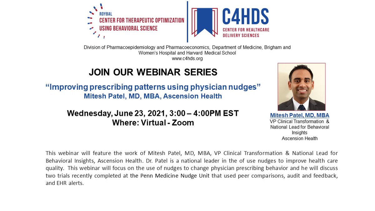 C4HDS's tweet photo. 📣Join the next #roybalc4hds webinar on 6/23 from 3-4PM EST featuring the work of @miteshspatel
🔗https://t.co/WE8kPugR0m
#medicationoptimization #prescribing #implementationscience #healthcare https://t.co/YlEF6KybwD